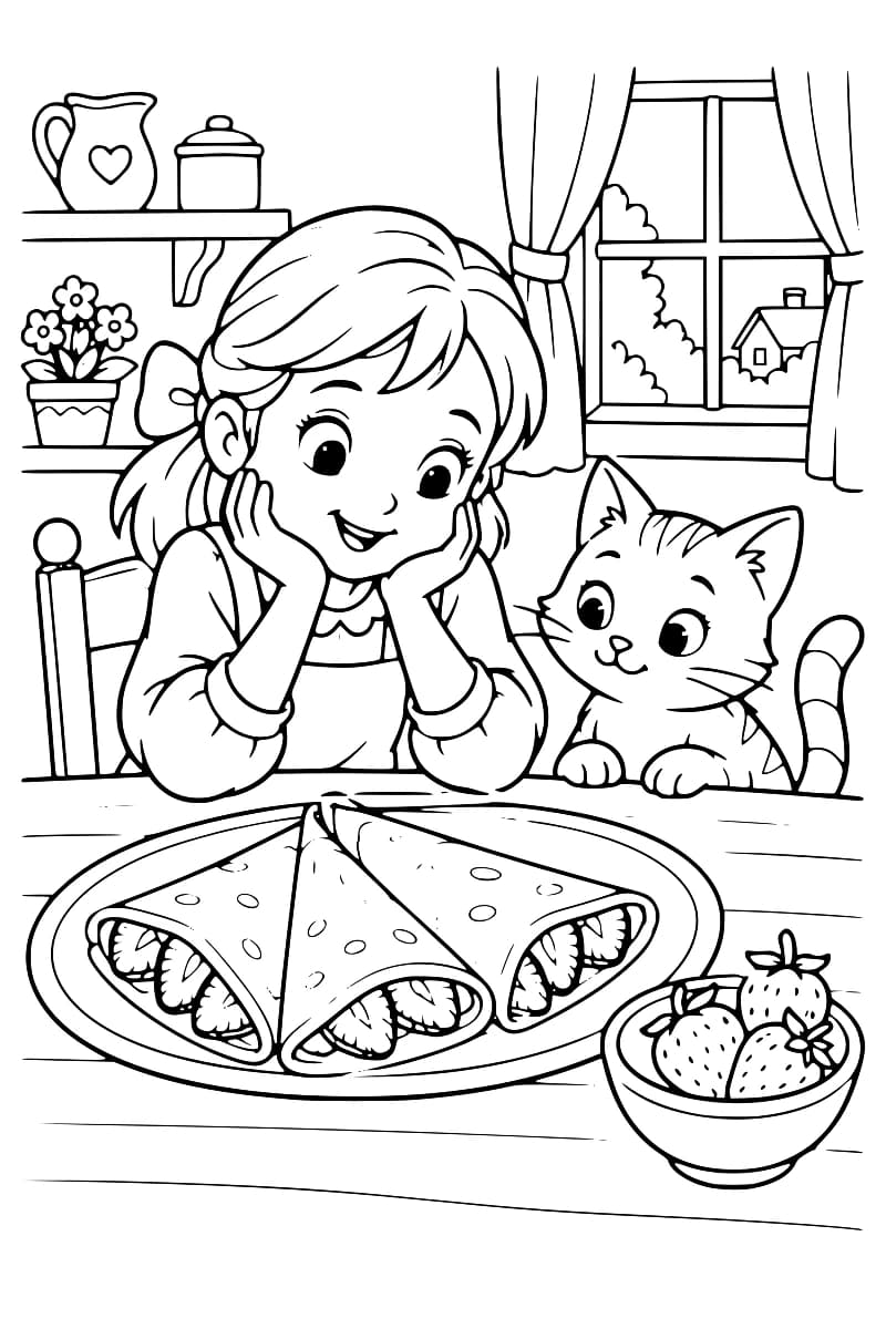 Dessin à colorier d’une fillette souriante, le visage entre les mains, assise à table avec un chat devant trois crêpes pliées aux fraises et un petit bol de fraises ; une fenêtre à rideaux et des étagères décorent la cuisine.