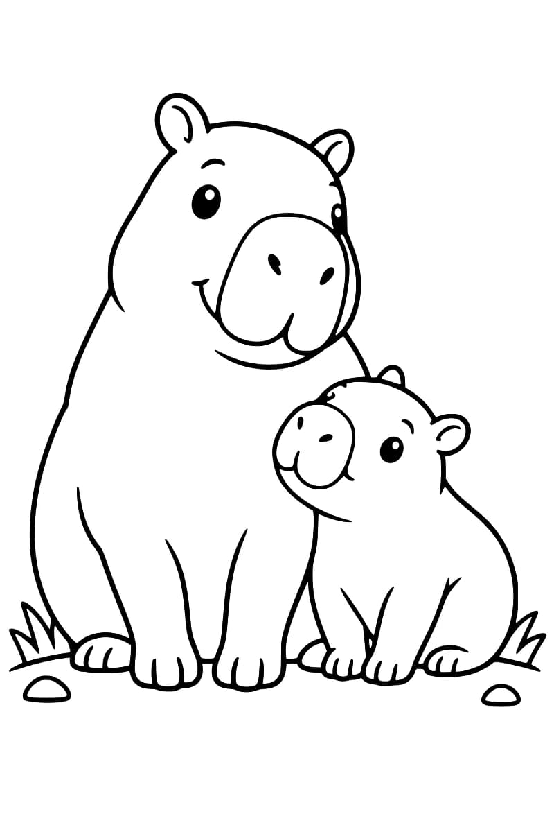 Dessin au trait noir sur fond blanc de deux capybaras souriants, un grand à gauche et un petit à droite, assis côte à côte avec quelques touffes d’herbe et deux cailloux à leurs pieds.