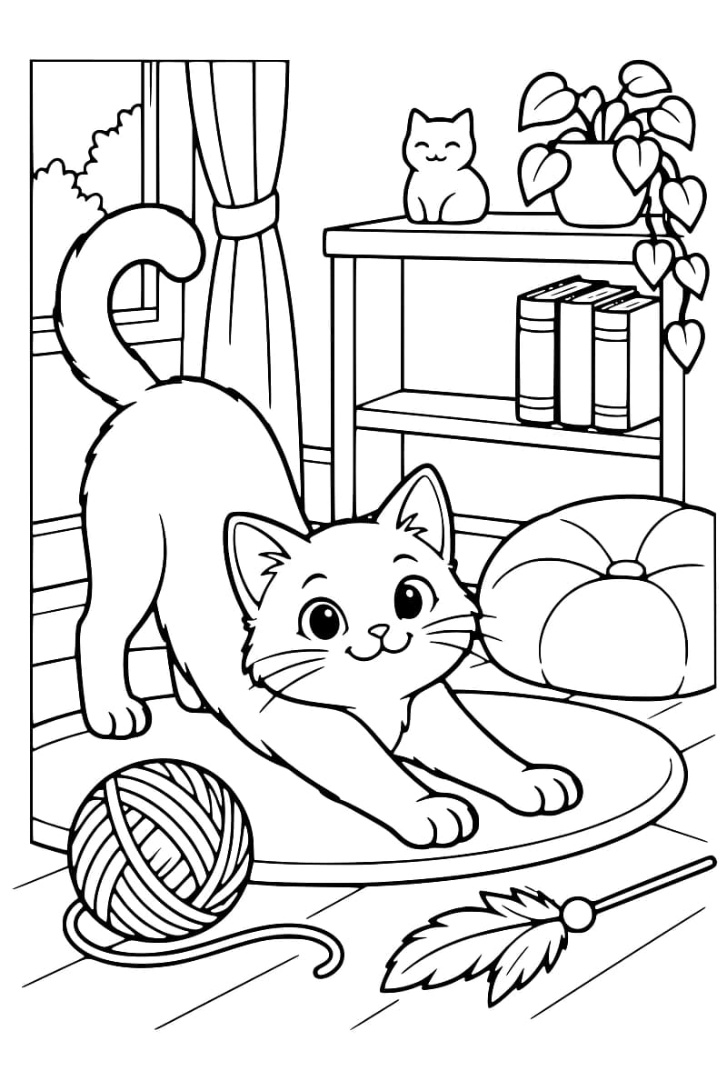 Dessin en noir et blanc montrant un chat allongé sur un tapis et un autre debout derrière lui, près d’une étagère avec des livres, une plante, un coussin, une pelote de laine et un jouet à plumes.
