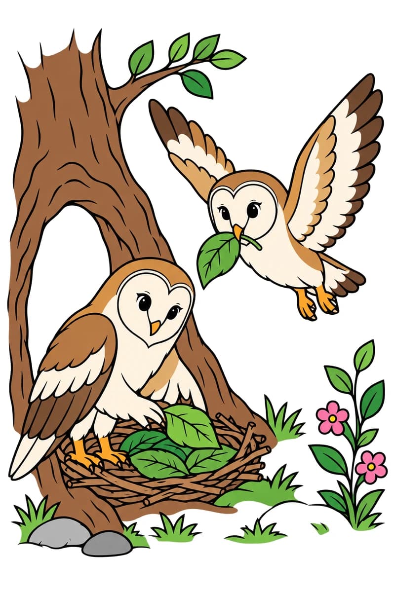 Dessin au trait noir de deux chouettes près d’un arbre : l’une est posée sur un nid garni de feuilles, l’autre vole les ailes levées avec une feuille dans le bec ; des fleurs, des touffes d’herbe et des pierres entourent le pied de l’arbre. (exemple colorié)