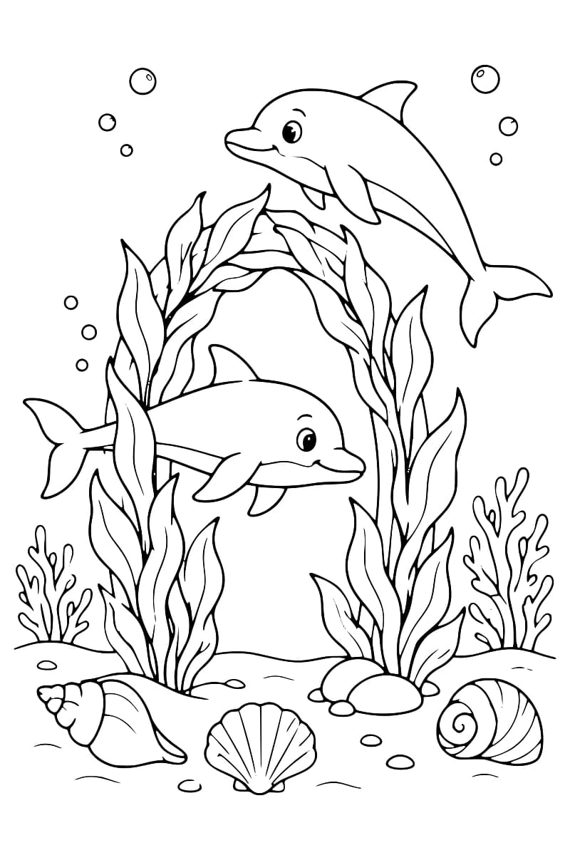 Dessin à colorier de deux dauphins, l’un au centre d’une arche d’algues et l’autre au-dessus, avec des bulles, des coraux, des pierres et trois grands coquillages sur le fond marin.