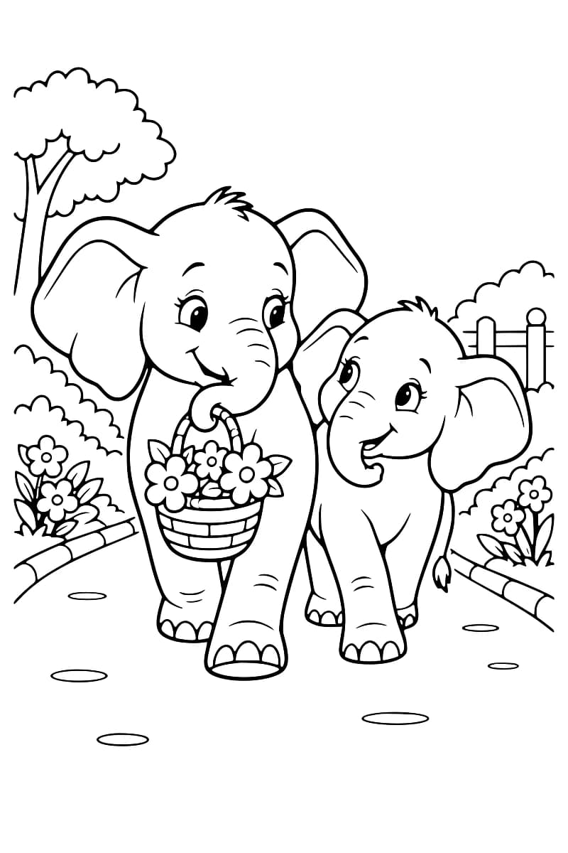 Dessin en noir et blanc de deux éléphants souriants sur une allée, le plus grand tenant un panier fleuri avec sa trompe, avec un arbre, des buissons et une clôture en arrière-plan.