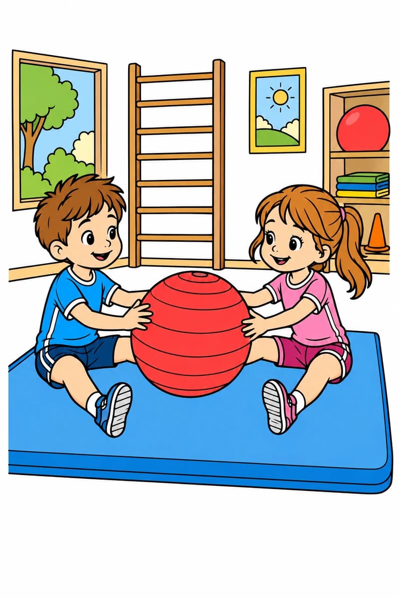 Dessin en noir et blanc de deux enfants assis sur un tapis, les mains posées sur un gros ballon strié, avec un espalier, une fenêtre et du matériel de sport à l’arrière-plan. (exemple colorié)