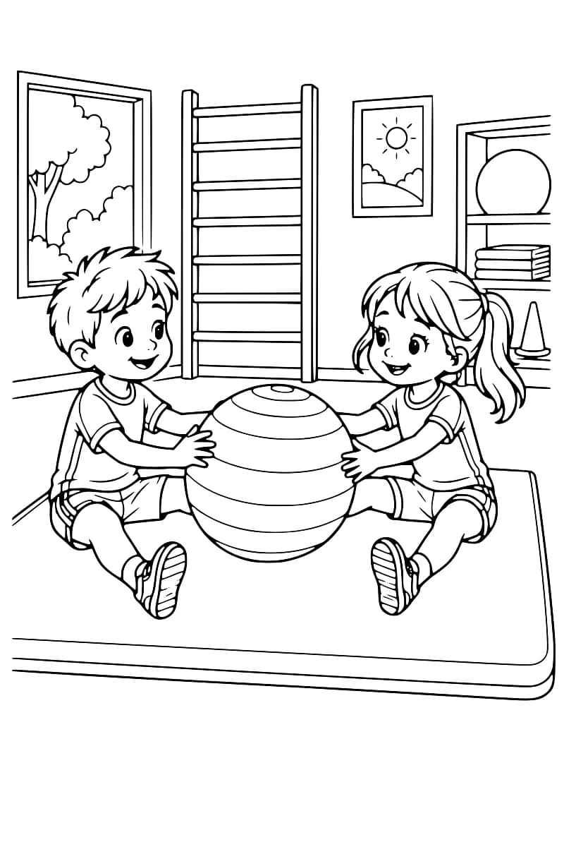 Dessin en noir et blanc de deux enfants assis sur un tapis, les mains posées sur un gros ballon strié, avec un espalier, une fenêtre et du matériel de sport à l’arrière-plan.