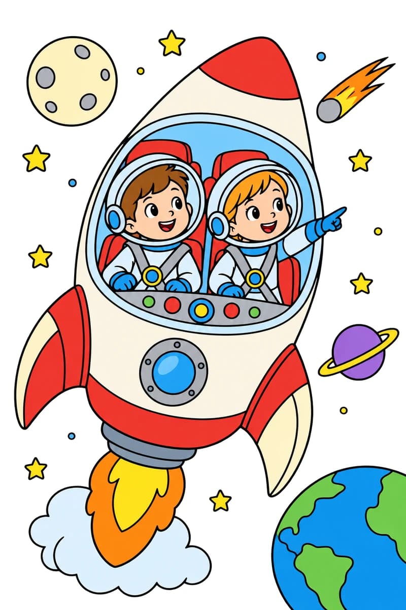 Dessin à colorier de deux enfants casqués et attachés dans une fusée en vol, l’un pointant une comète du doigt, entourés d’étoiles, d’un astre à cratères, d’une planète à anneaux et d’une partie de la Terre. (exemple colorié)
