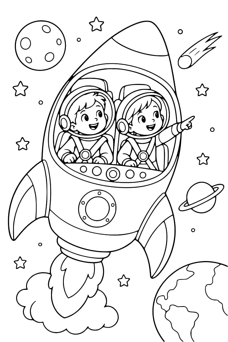 Dessin à colorier de deux enfants casqués et attachés dans une fusée en vol, l’un pointant une comète du doigt, entourés d’étoiles, d’un astre à cratères, d’une planète à anneaux et d’une partie de la Terre.