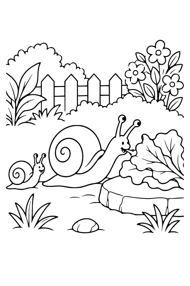 Dessin à colorier de deux escargots souriants devant une grande feuille sur une pierre plate, entourés d’herbes, de fleurs et d’une clôture en bois.
