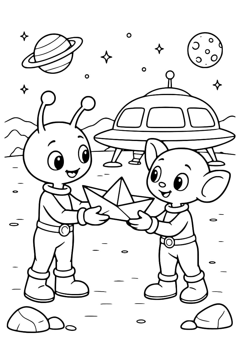 Dessin à colorier de deux extraterrestres souriants tenant un bateau en papier, avec une soucoupe volante sur ses pieds d’atterrissage derrière eux, des rochers au sol et des planètes et des étoiles dans le ciel.