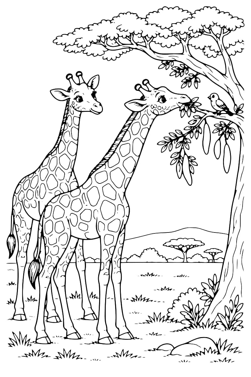 Dessin en noir et blanc de deux girafes sous un acacia portant des feuilles et de longues gousses, avec un petit oiseau perché sur une branche et des arbres au loin.