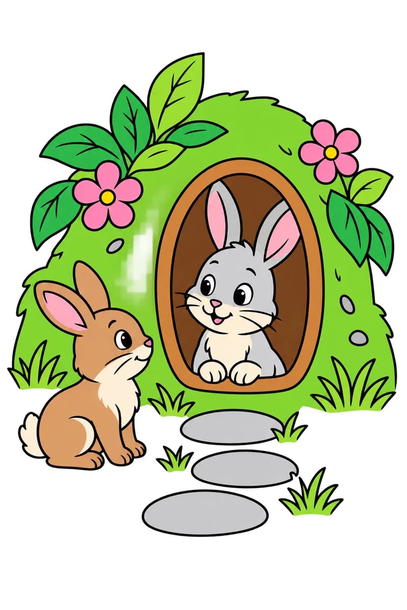 Dessin à colorier de deux lapins devant un terrier à l’entrée arrondie, entouré de feuilles et de fleurs, avec trois pierres plates et des touffes d’herbe au premier plan. (exemple colorié)
