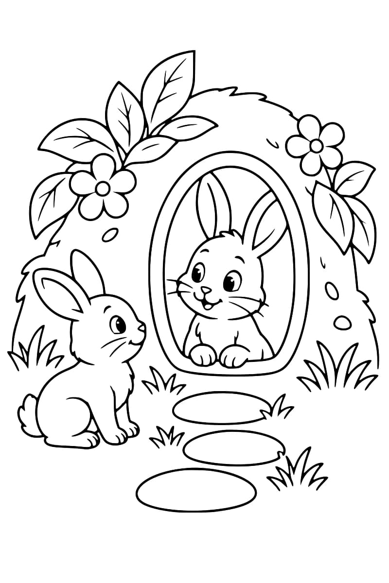 Dessin à colorier de deux lapins devant un terrier à l’entrée arrondie, entouré de feuilles et de fleurs, avec trois pierres plates et des touffes d’herbe au premier plan.