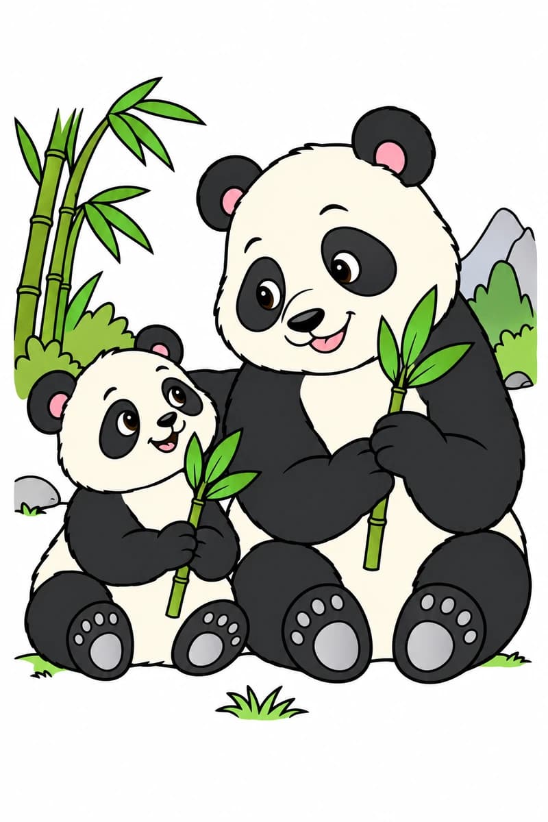 Dessin au trait noir sur fond blanc de deux pandas souriants assis côte à côte, le petit à gauche et le grand à droite, tenant chacun un bambou feuillu, avec des bambous et des montagnes en arrière-plan. (exemple colorié)
