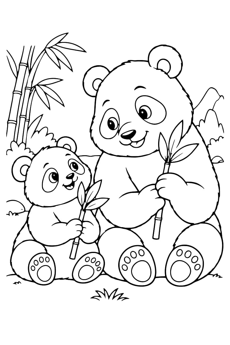 Dessin au trait noir sur fond blanc de deux pandas souriants assis côte à côte, le petit à gauche et le grand à droite, tenant chacun un bambou feuillu, avec des bambous et des montagnes en arrière-plan.