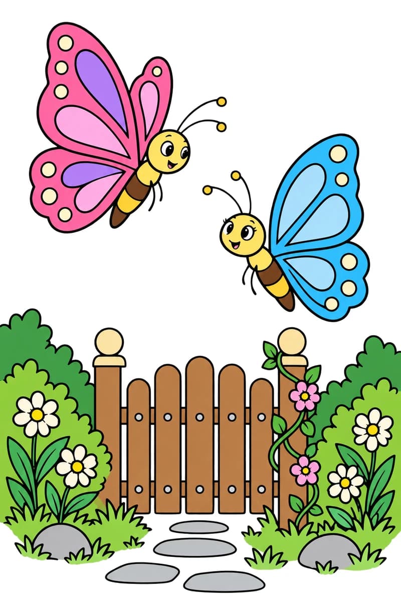 Dessin en noir et blanc de deux papillons aux ailes ornées de ronds et de motifs allongés, volant face à face au-dessus d’un portillon en bois, avec des fleurs, des buissons et un chemin de pierres. (exemple colorié)