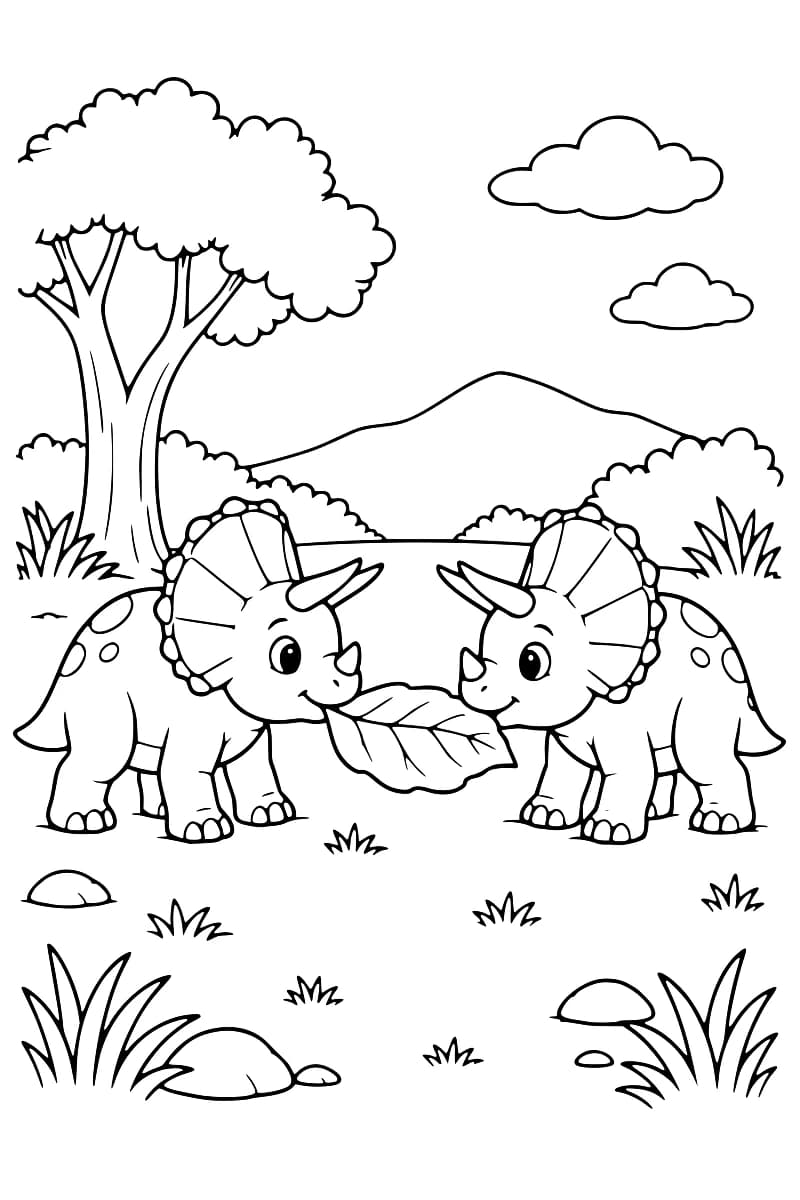 Deux tricératops et une feuille