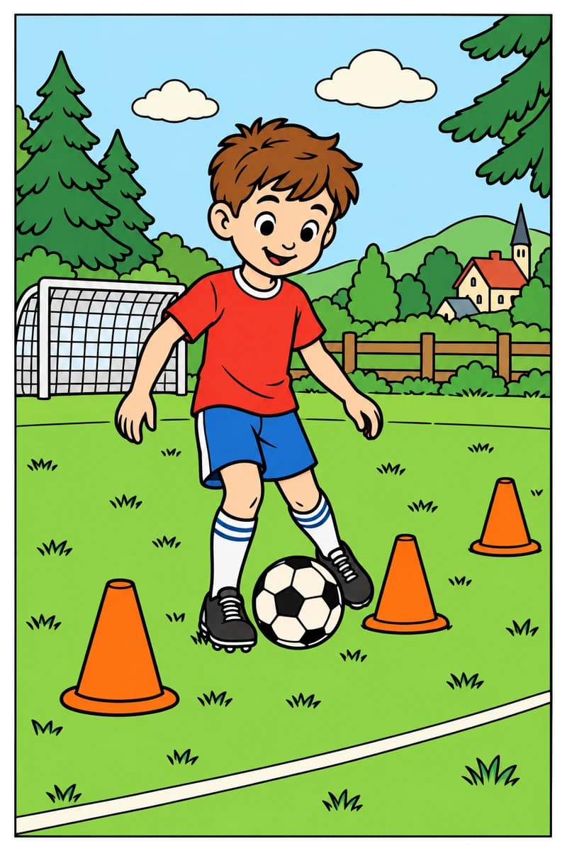 Dessin en noir et blanc d’un enfant avec un ballon de football au pied, entouré de trois plots, avec un but, des arbres et des maisons à l’arrière-plan. (exemple colorié)