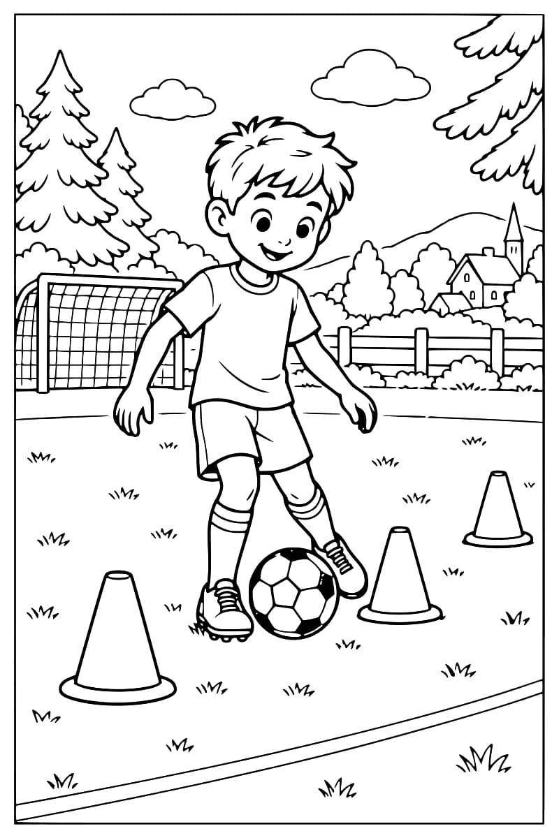 Dessin en noir et blanc d’un enfant avec un ballon de football au pied, entouré de trois plots, avec un but, des arbres et des maisons à l’arrière-plan.