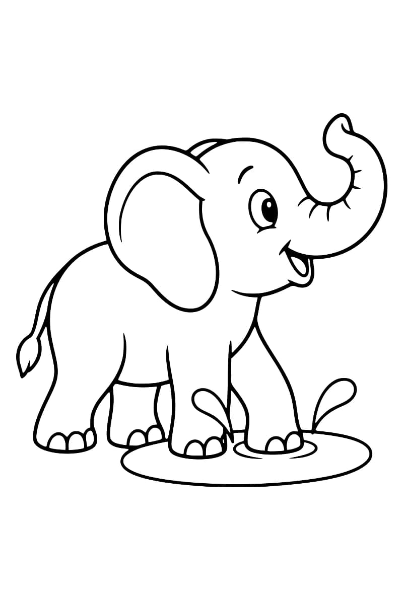 Dessin en noir et blanc d’un éléphanteau tourné vers la droite, avec une grande oreille, la trompe relevée et les pattes avant dans une flaque entourées de deux éclaboussures.