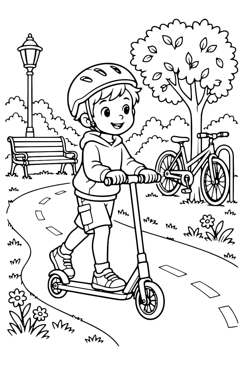 Dessin en noir et blanc d’un enfant portant un casque et avançant en trottinette dans un parc avec un vélo, un banc, un lampadaire et des arbres.