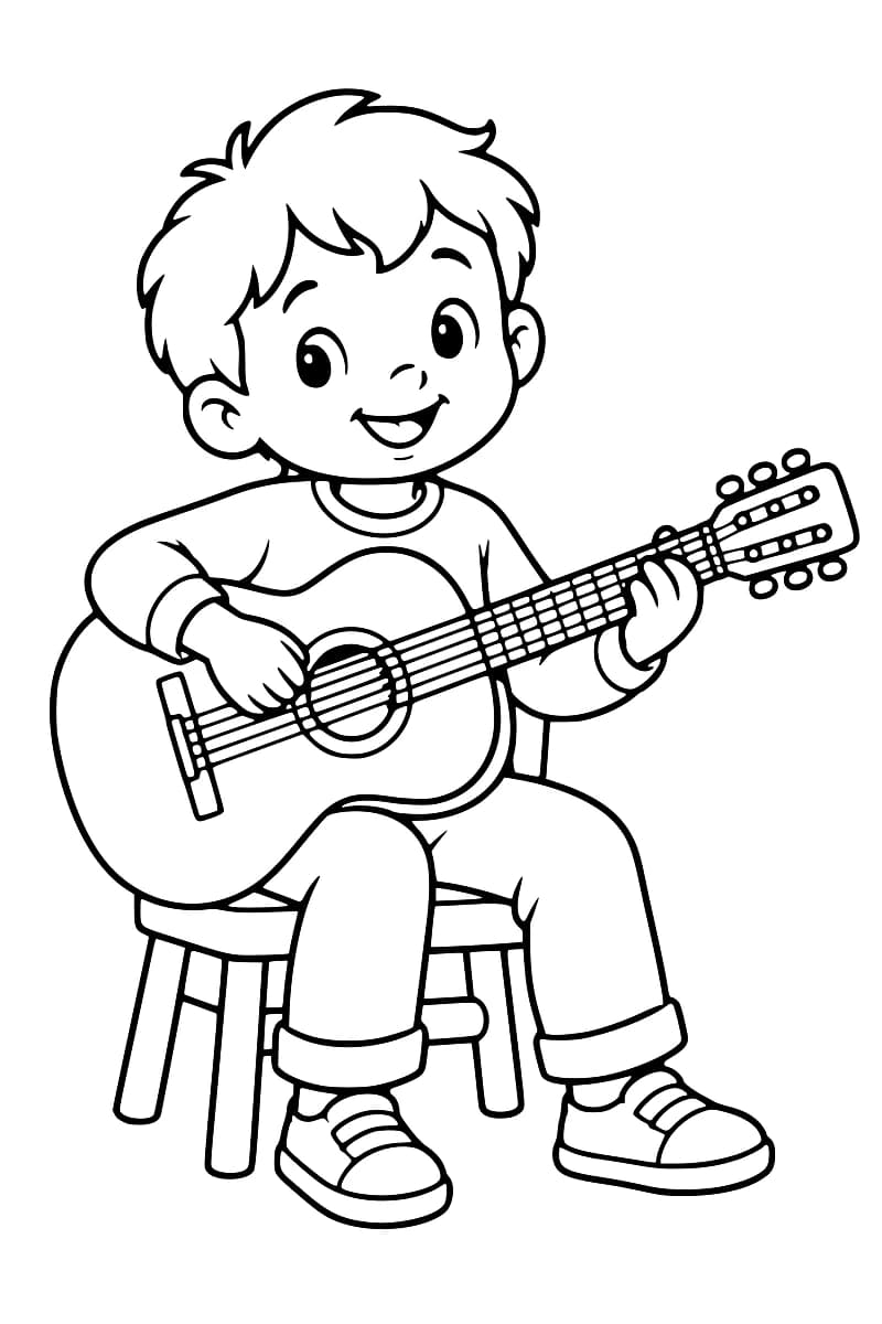 Dessin en noir et blanc d’un enfant souriant assis sur une chaise, une main sur les cordes d’une guitare acoustique et l’autre sur le manche.