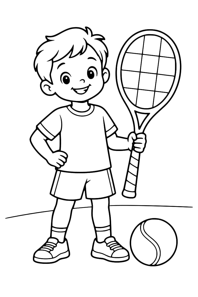 Dessin en noir et blanc d’un enfant en tenue de sport, une main sur la hanche et l’autre tenant une raquette de tennis, avec une grosse balle au sol.
