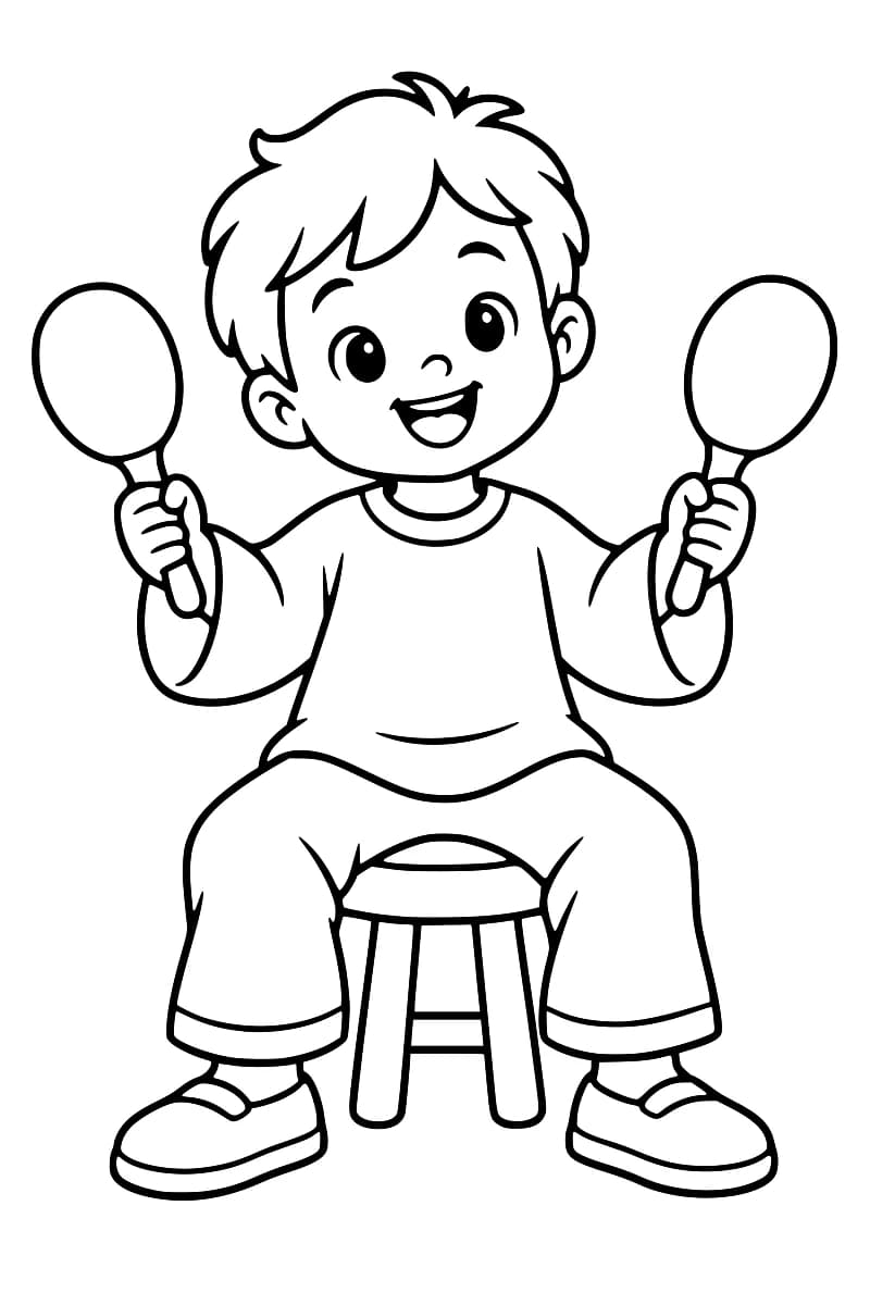 Dessin en noir et blanc d’un enfant souriant assis sur un tabouret, les bras écartés et une maraca dans chaque main.