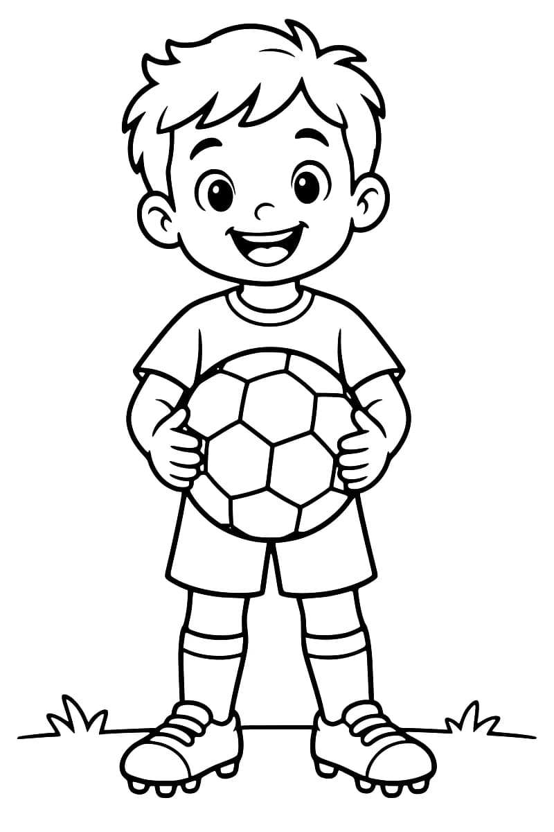 Dessin en noir et blanc d’un enfant debout, souriant, tenant un ballon de football devant son ventre, avec un maillot, un short, de longues chaussettes et des chaussures à crampons.