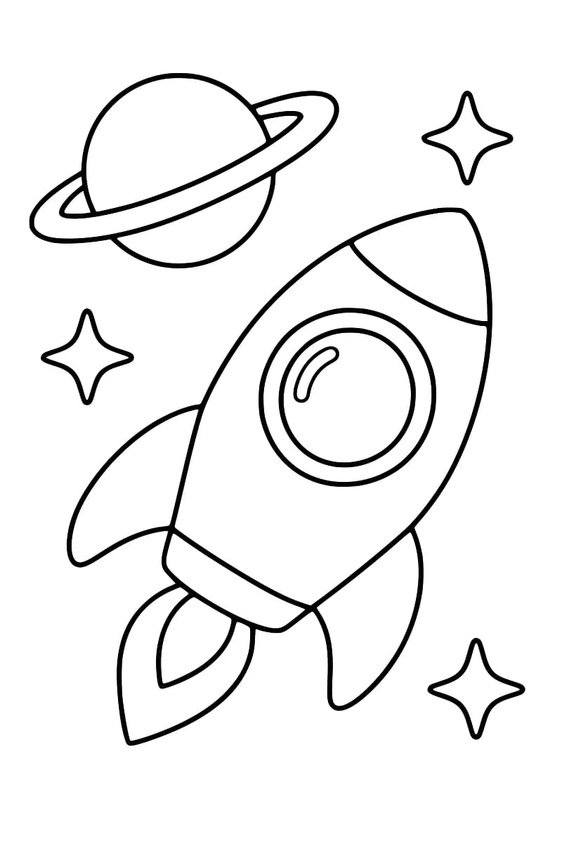 Dessin au trait noir sur fond blanc d’une fusée orientée vers le haut à droite, avec un grand hublot rond, deux ailerons et une flamme, accompagnée d’une planète à anneaux en haut à gauche et de trois étoiles.