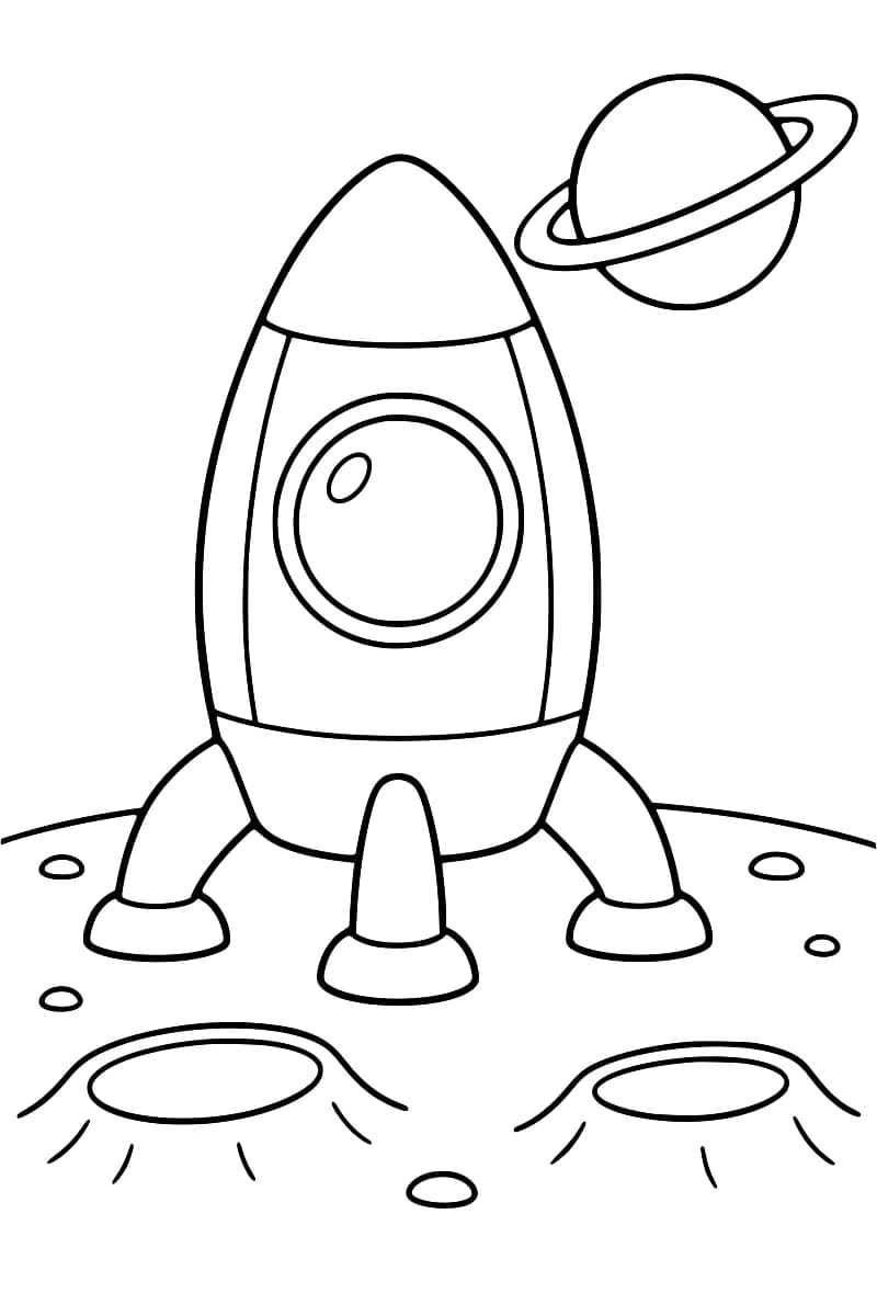 Dessin en noir et blanc d’une grande fusée à hublot rond posée sur trois pieds, sur un sol parsemé de pierres et de deux cratères, avec une planète à anneaux en haut à droite.