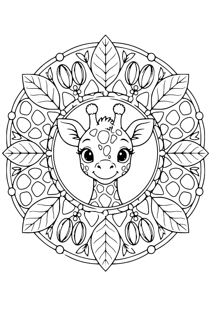 Dessin en noir et blanc d’une tête de girafon aux grands yeux, avec un cou tacheté, au centre d’un mandala symétrique composé de grandes feuilles, de formes ovales et de petits cercles.