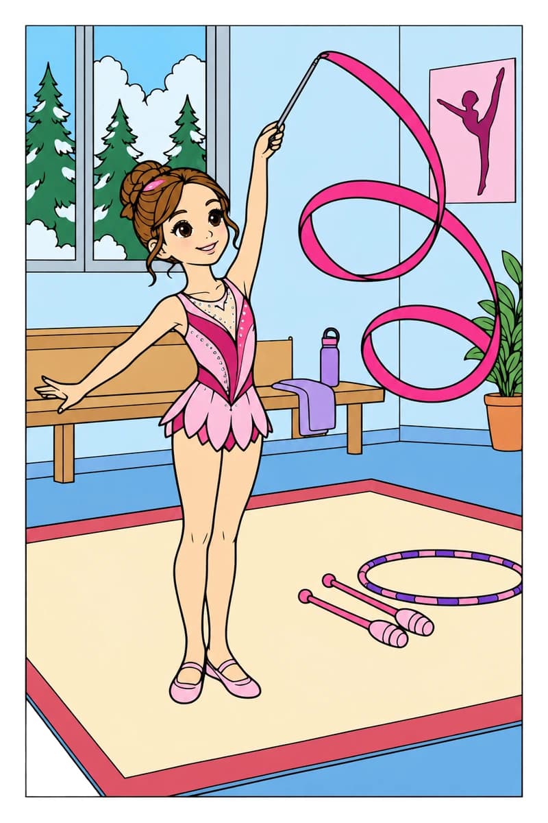 Dessin en noir et blanc d’une gymnaste en justaucorps, un bras tendu sur le côté et l’autre levé, tenant une baguette prolongée par un ruban en boucles ; un cerceau et deux massues reposent sur le tapis, devant un banc avec une serviette et une gourde. (exemple colorié)
