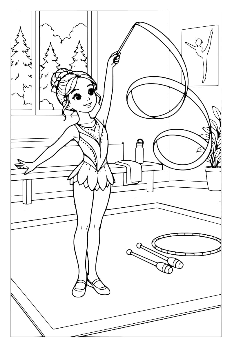Dessin en noir et blanc d’une gymnaste en justaucorps, un bras tendu sur le côté et l’autre levé, tenant une baguette prolongée par un ruban en boucles ; un cerceau et deux massues reposent sur le tapis, devant un banc avec une serviette et une gourde.