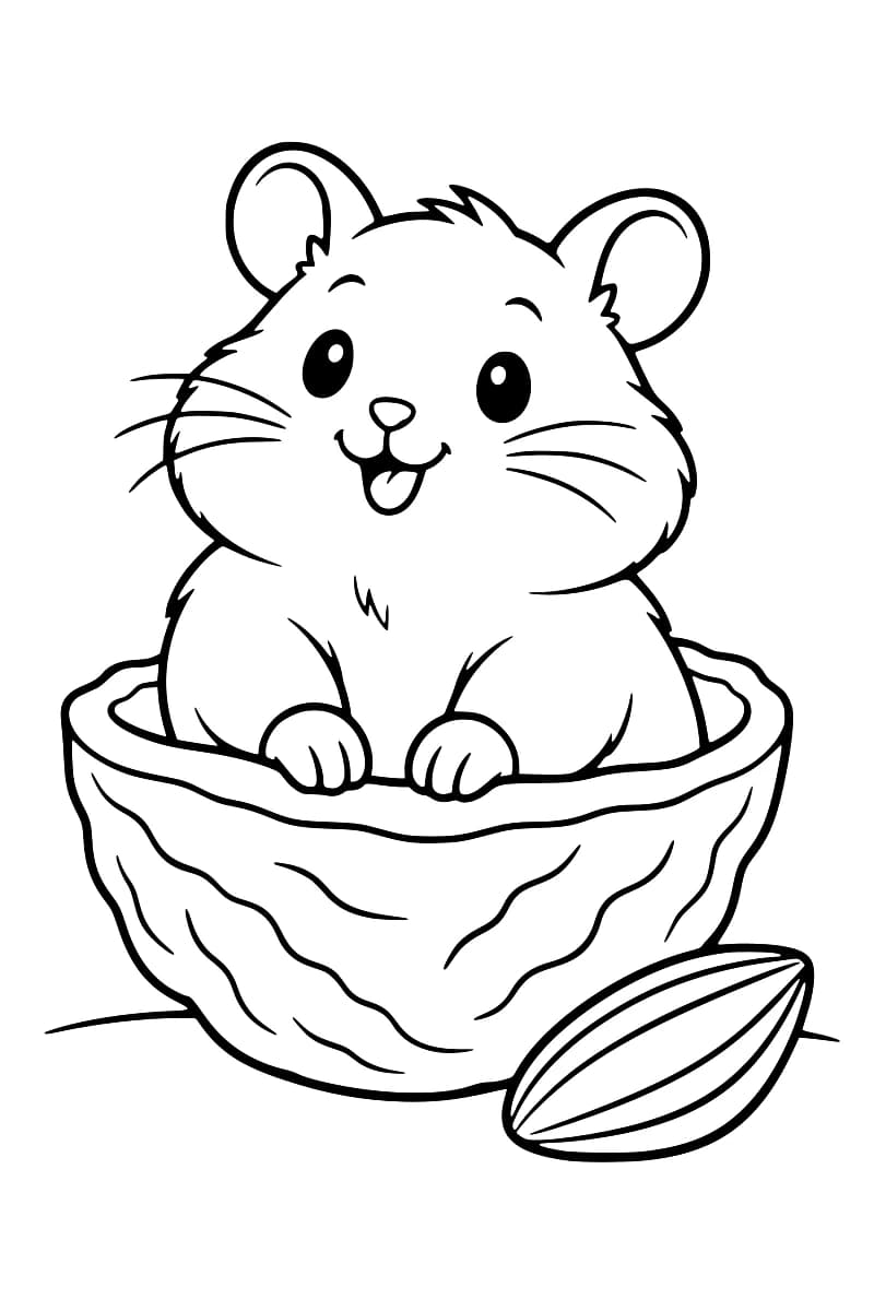 Dessin en noir et blanc d’un hamster aux grandes oreilles rondes installé dans une demi-coquille de noix, avec une graine de tournesol au premier plan.