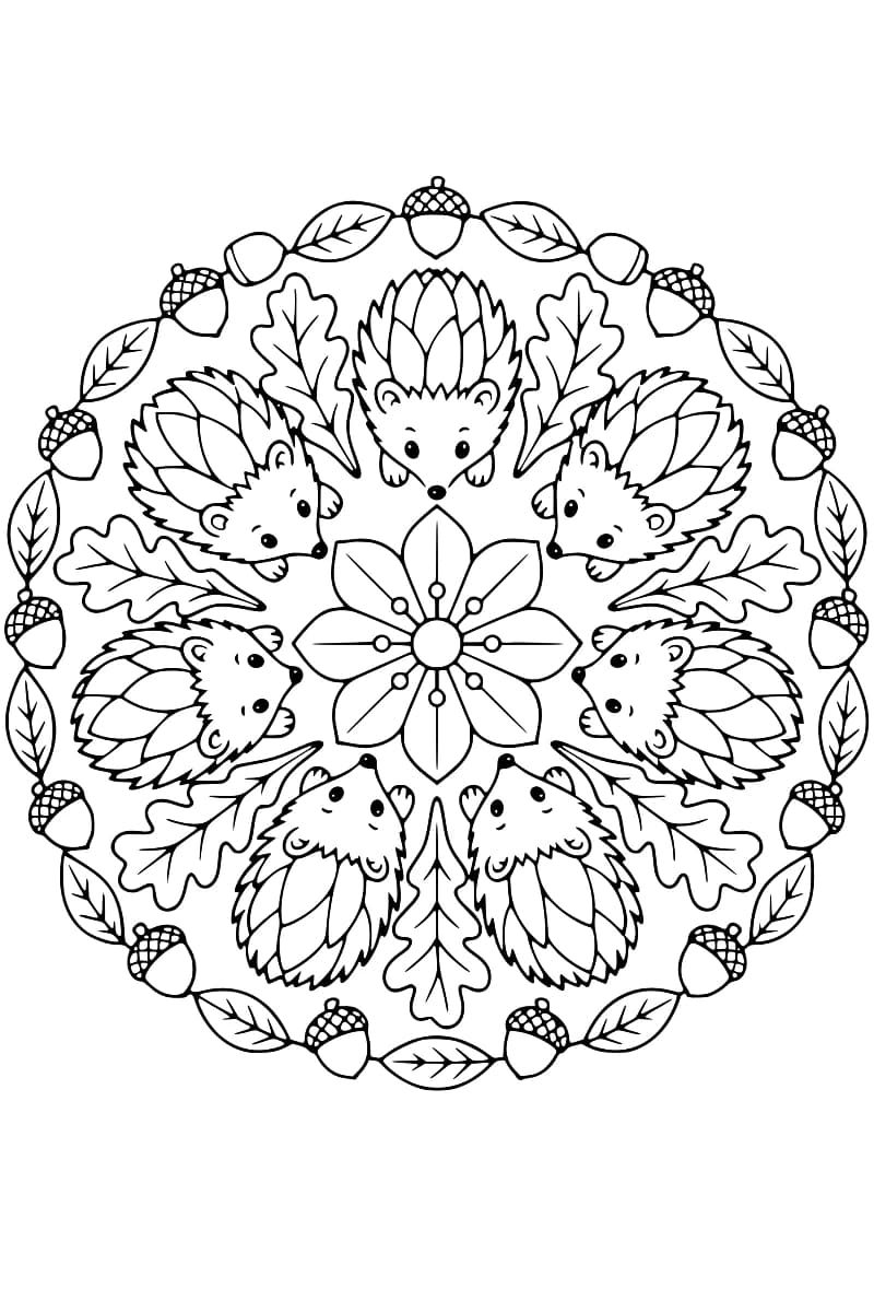Dessin circulaire en noir et blanc de sept hérissons au museau tourné vers une fleur centrale à huit pétales, avec des feuilles de chêne entre les animaux et une couronne extérieure alternant feuilles et glands.