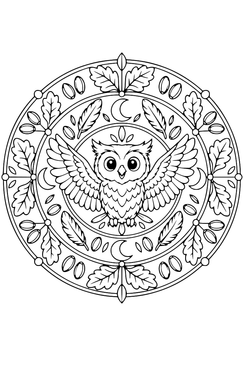 Dessin au trait noir sur fond blanc d’un hibou aux grands yeux ronds et aux ailes ouvertes, entouré d’anneaux concentriques décorés de quatre croissants de lune, de plumes, de feuilles et de motifs ovales.