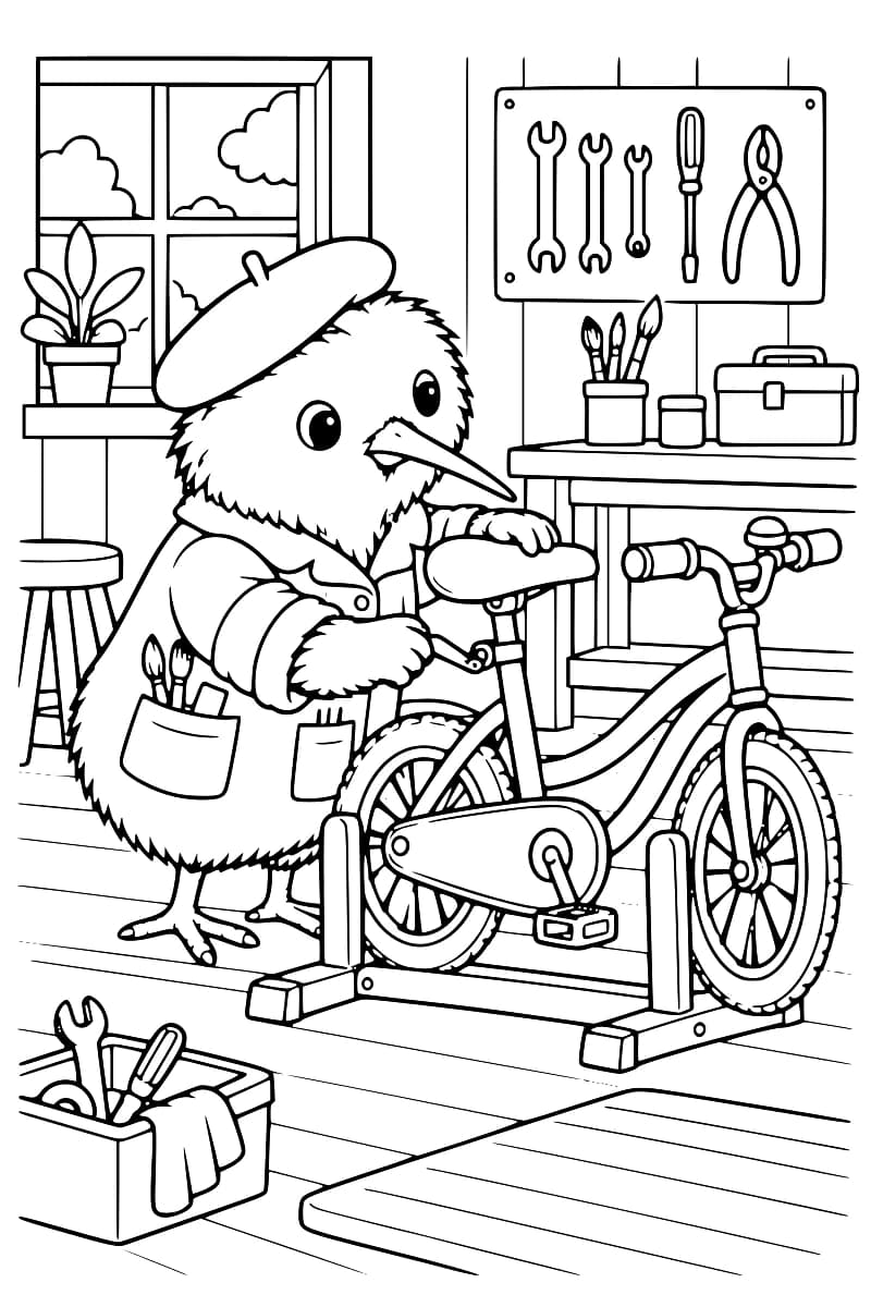 Dessin en noir et blanc de Kiwi, coiffé d’un béret et vêtu d’une blouse, tenant la selle d’un vélo d’une main et une clé de l’autre, avec des outils et un établi autour de lui.