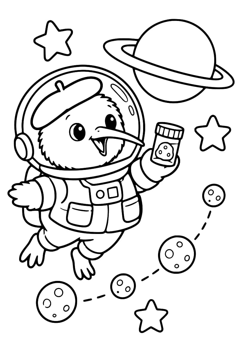 Kiwi astronaute près d’une planète annelée