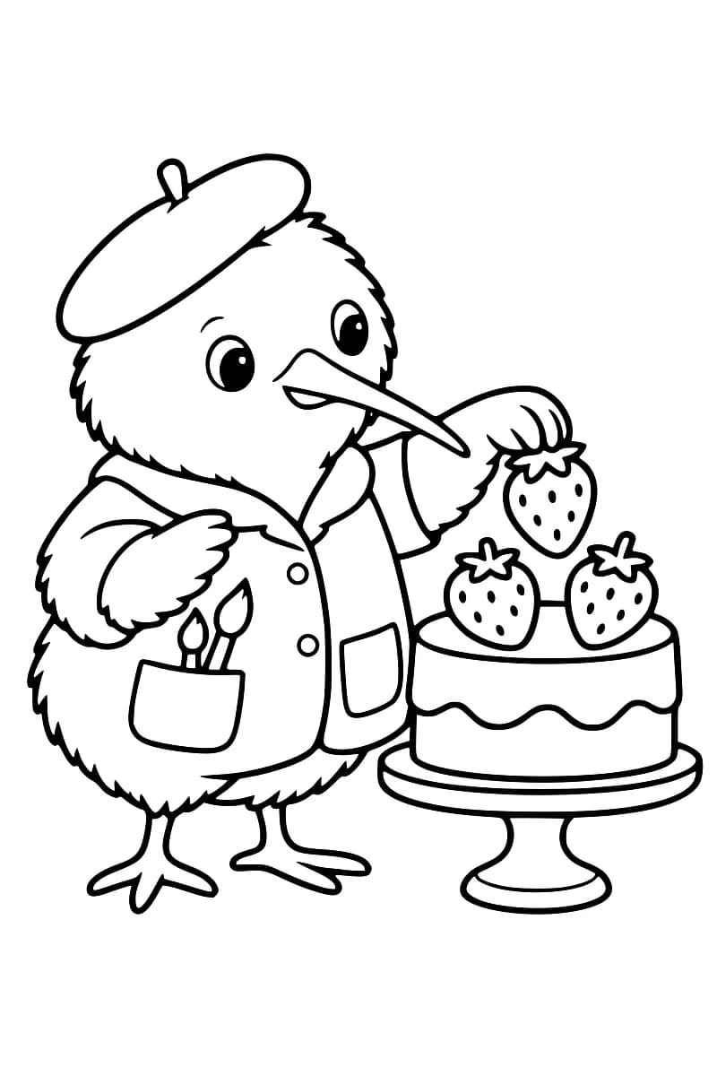 Dessin en noir et blanc d’un kiwi souriant portant un béret et une veste avec des pinceaux dans une poche, tenant une fraise au-dessus d’un gâteau déjà garni de deux fraises sur un présentoir à pied.