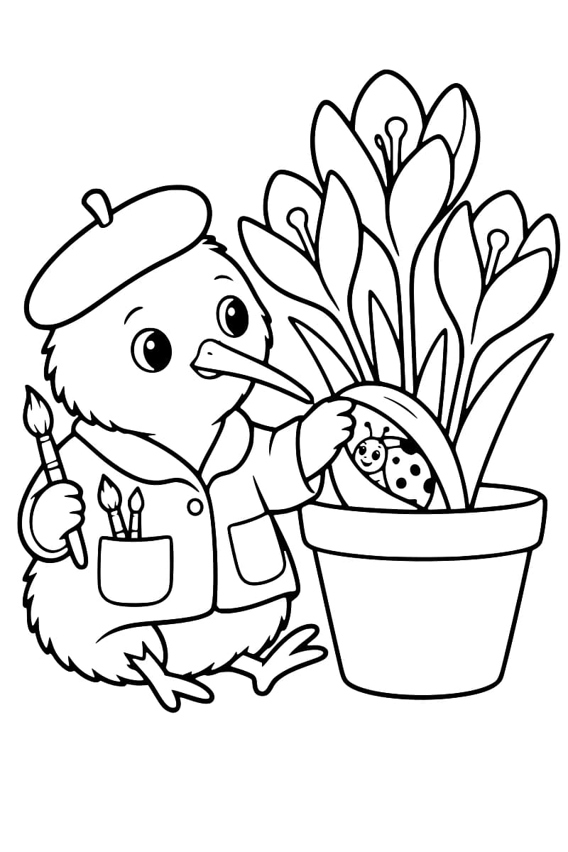 Dessin en noir et blanc de Kiwi, coiffé d’un béret, soulevant une feuille dans un pot de crocus pour observer une coccinelle.