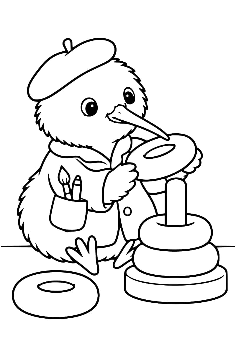 Dessin en noir et blanc d’un oiseau assis, coiffé d’un béret et portant une veste avec un pinceau et un crayon dans la poche, qui tient un anneau au-dessus d’une tige où deux anneaux sont déjà empilés ; un autre anneau est posé au sol.