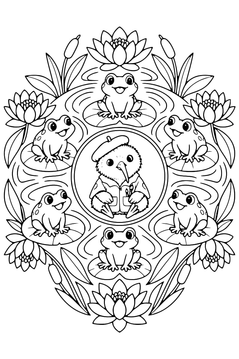 Dessin en noir et blanc d’un oiseau à long bec portant un béret et une chemise dans un médaillon ovale, entouré de six grenouilles souriantes sur des feuilles de nénuphar, avec des fleurs, des roseaux et des ondulations d’eau.