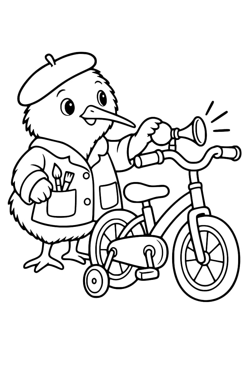 Dessin en noir et blanc d’un oiseau en béret à côté d’un petit vélo avec une roulette stabilisatrice visible, pressant la poire du klaxon fixé au guidon.