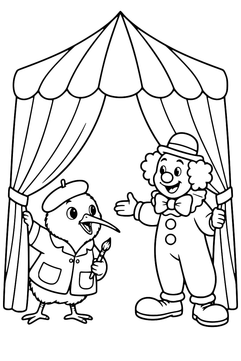 Dessin au trait noir d’un chapiteau aux rideaux écartés, avec Kiwi à gauche, portant un béret et une blouse et tenant un pinceau, et un clown souriant à droite, coiffé d’un chapeau et portant un gros nœud papillon.