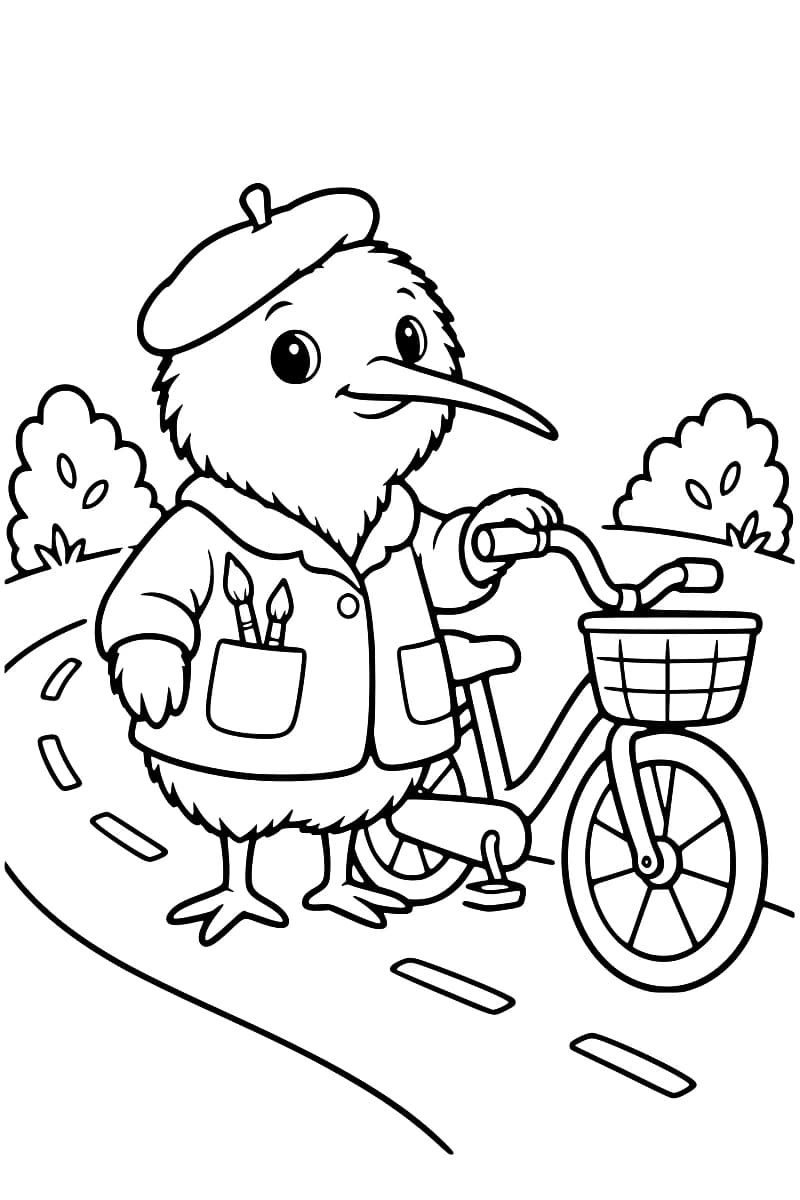 Dessin en noir et blanc de Kiwi avec un vélo à panier sur un chemin.