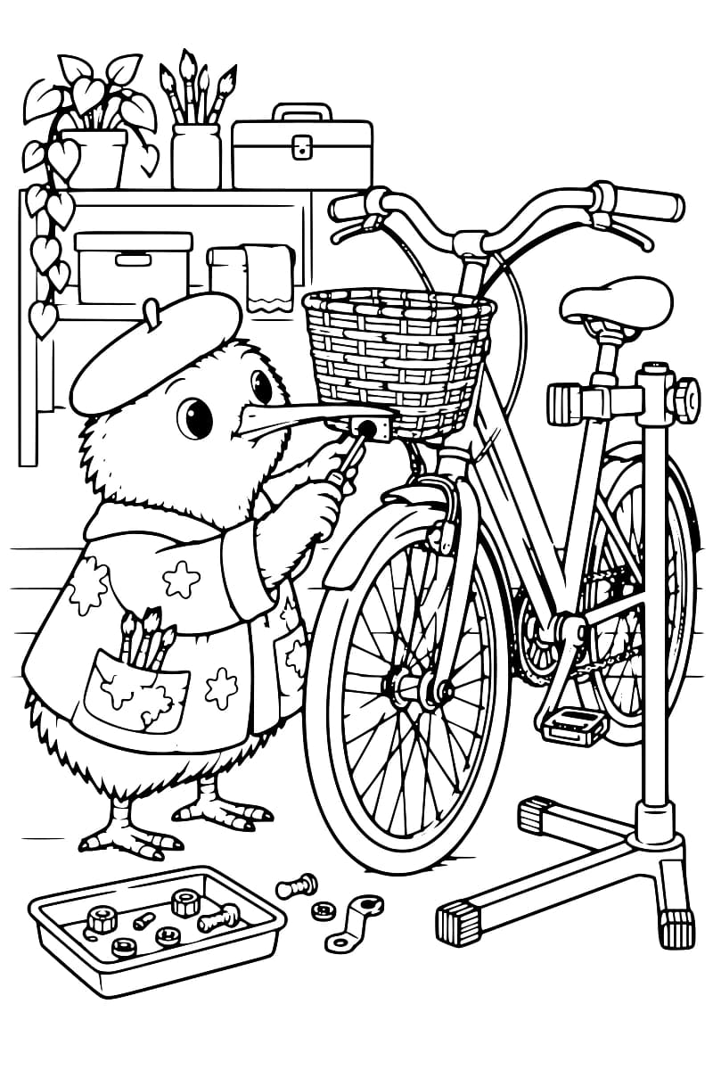 Dessin en noir et blanc de Kiwi, coiffé d’un béret et vêtu d’une blouse à motifs, travaillant sous le panier tressé d’un vélo sur un support d’atelier, avec un plateau de petites pièces au sol et une étagère en arrière-plan.