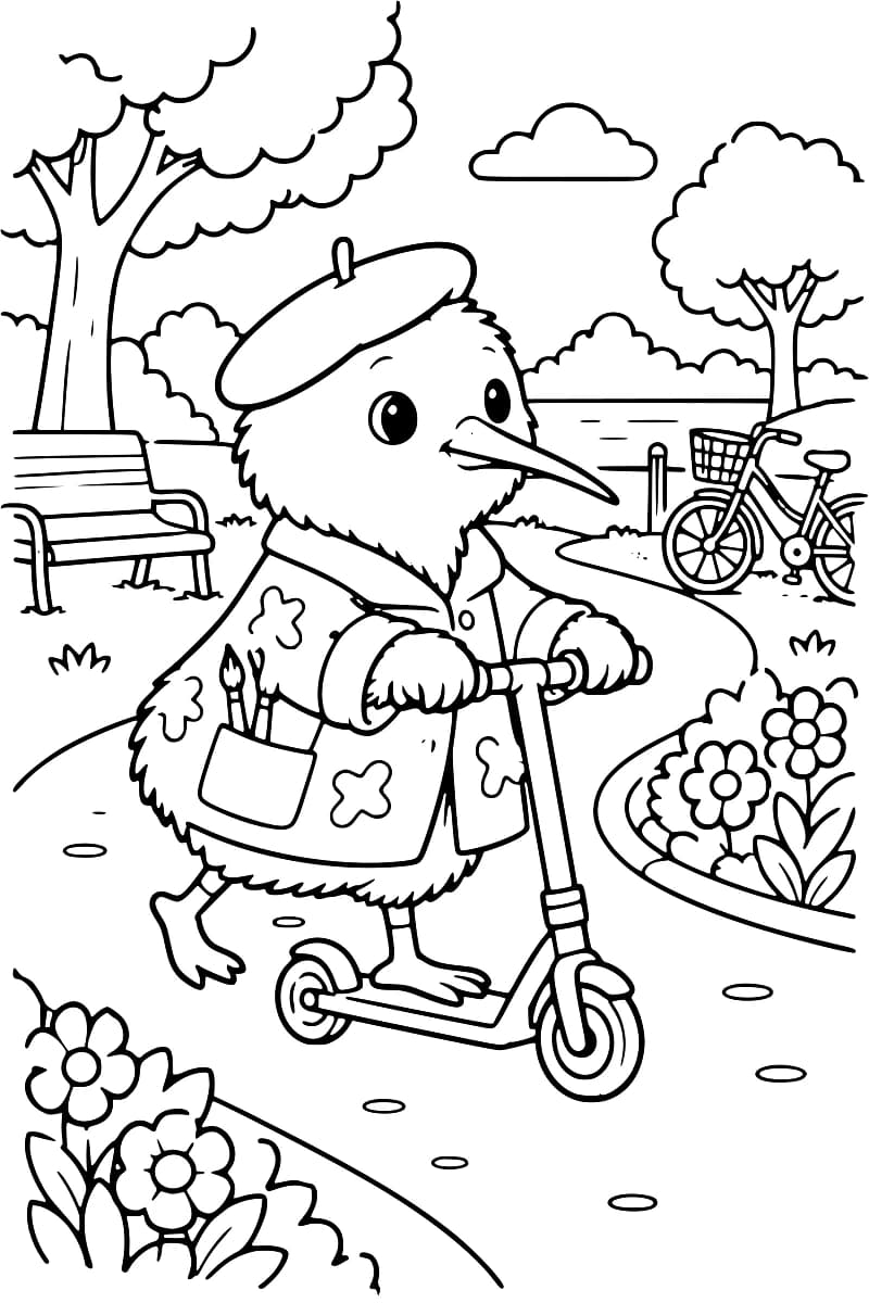 Dessin en noir et blanc d’un kiwi portant un béret et une veste avec des pinceaux dans la poche, une patte sur une trottinette et l’autre levée, dans un parc avec des fleurs, des arbres, un banc et un vélo à panier.