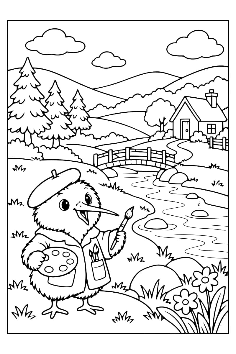 Coloriage d’un kiwi peintre au premier plan, tenant une palette et un pinceau devant un ruisseau, un pont, des sapins et une maison dans une vallée.