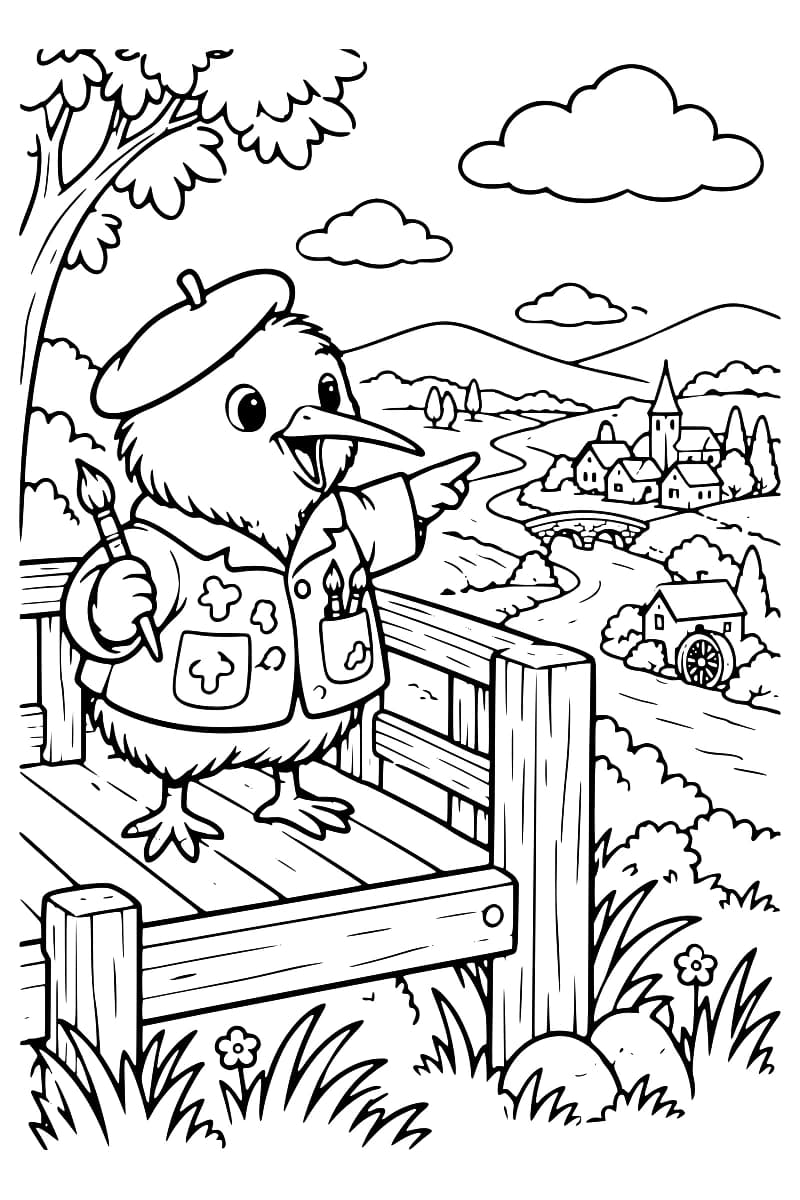 Coloriage d’un oiseau nommé Kiwi, muni d’un pinceau et d’une palette, sur une passerelle dominant une vallée avec une rivière, un village, une église et un moulin.