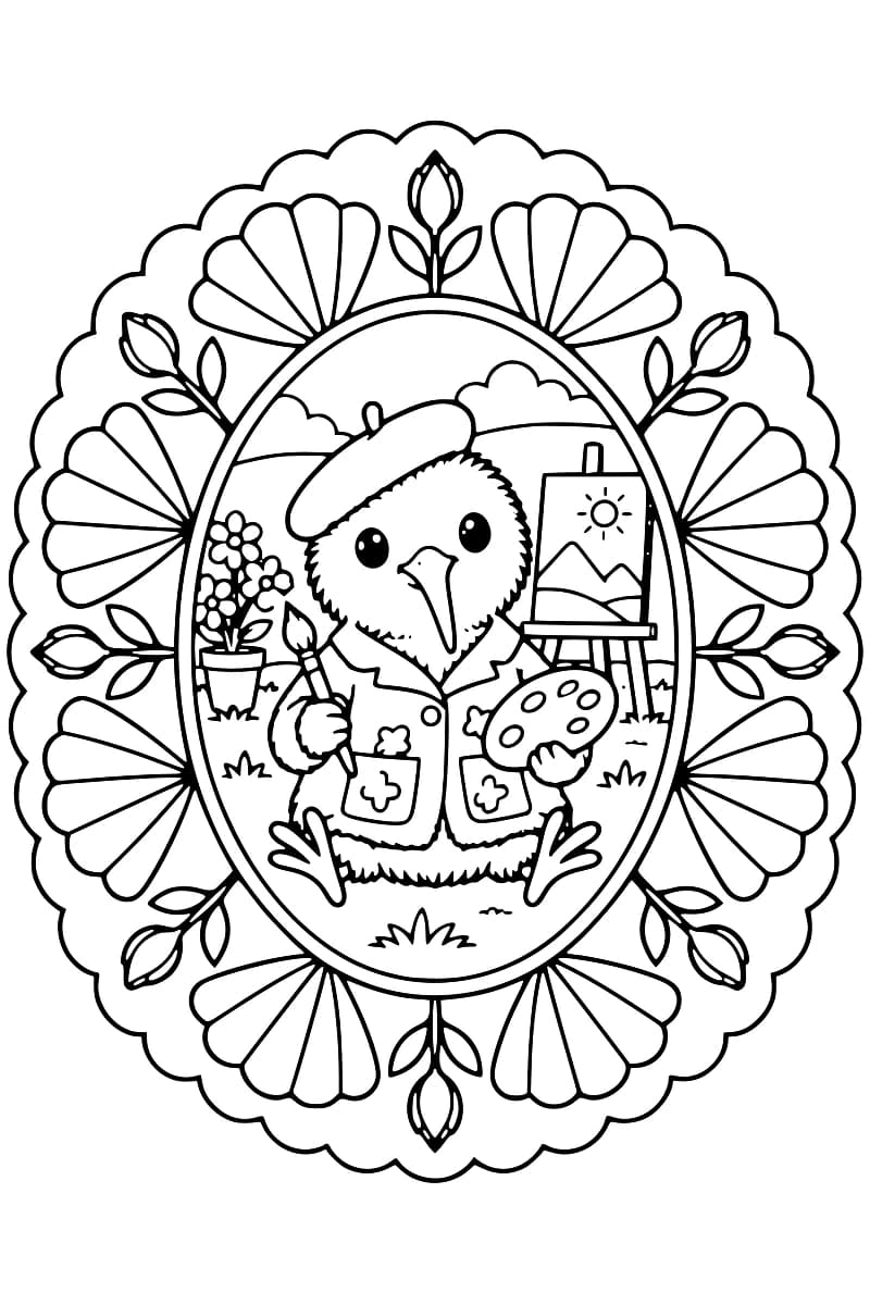 Kiwi peintre dans un mandala fleuri