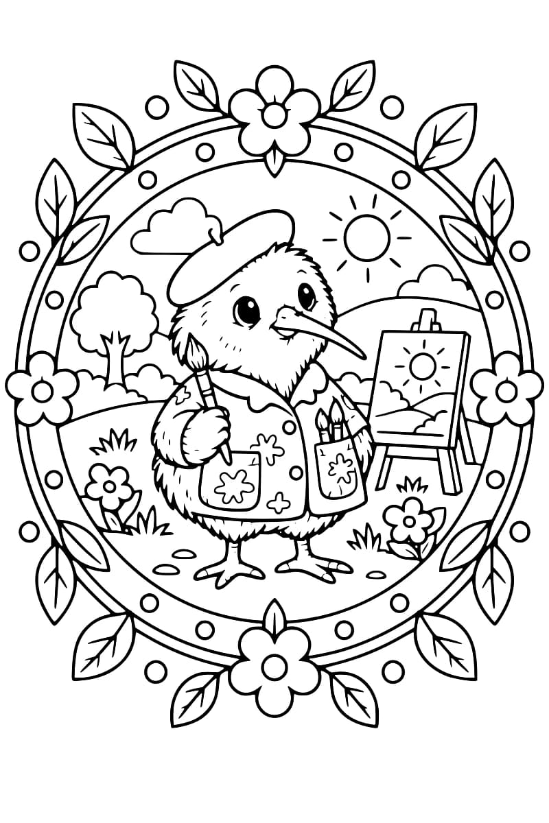 Kiwi peintre dans un mandala floral